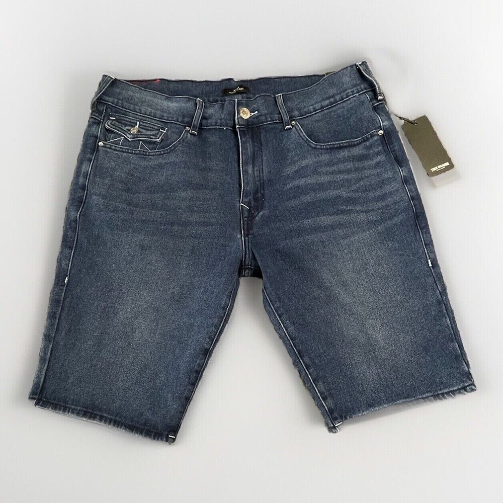 True Religion Ricky Jean Shorts Mens 40 Blue Relaxed Straight Flap Pockets Jorts